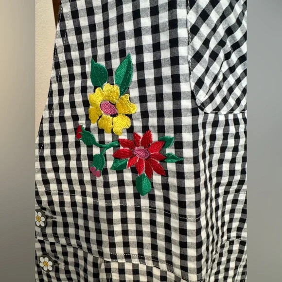 NWOT Teddy Fresh Black & White Playful Gingham Embroidered Floral Overalls - Picture 7 of 16